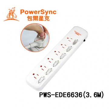 PowerSync 群加 防雷擊六開六插省力延長線(防塵蓋) (3.6M) PWS-EDE6636