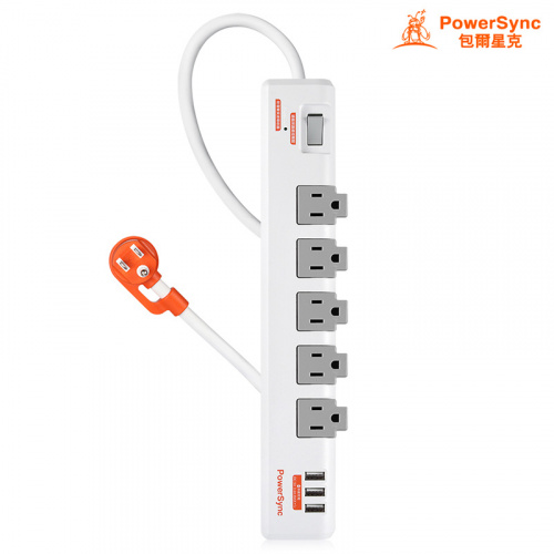 PowerSync 群加 TR539018 1開5插 3埠USB防雷擊抗搖擺旋轉 延長線 1.8米 白色