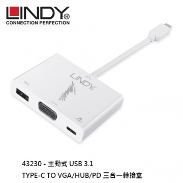 LINDY 43230 - 主動式 USB 3.1 TYPE-C TO VGA/HUB/PD 三合一轉接盒