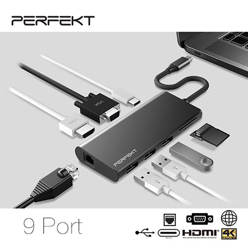 PERFEKT 9合1 USB-C 3.1轉HDMI+ VGA+USB3.1*3+充電+網路+讀卡機 全功能擴充轉接器(HUB) - PT-50110