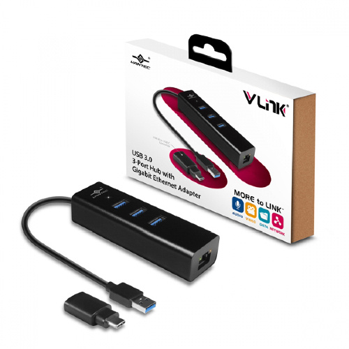 Vantec 凡達克 VLink USB3.0 3埠 集線器 + 1埠 Gigabit 超高速網路卡 附TYPE-C轉接頭 UGT-AH340GNA