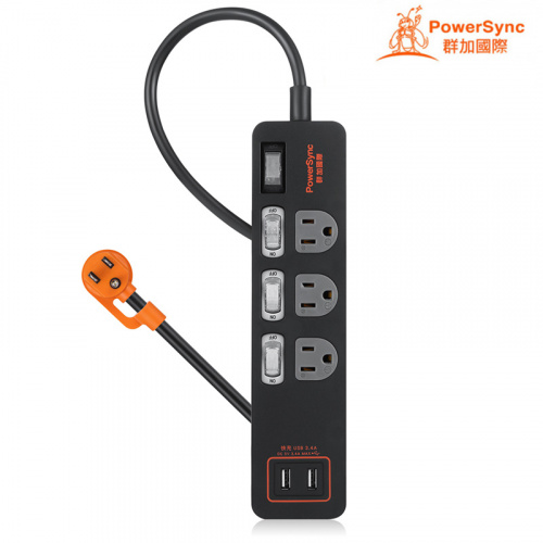 (最新安規款) PowerSync 群加 4開3插 2埠USB 防雷擊抗搖擺旋轉延長線 1.8M TPS343TB0018