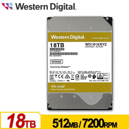 WD 金標 18TB 企業級 3.5吋 HDD硬碟 7200轉 五年保固 WD181KRYZ