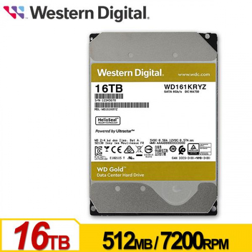 WD 金標 16TB 企業級 3.5吋 HDD硬碟 7200轉 五年保固 WD161KRYZ