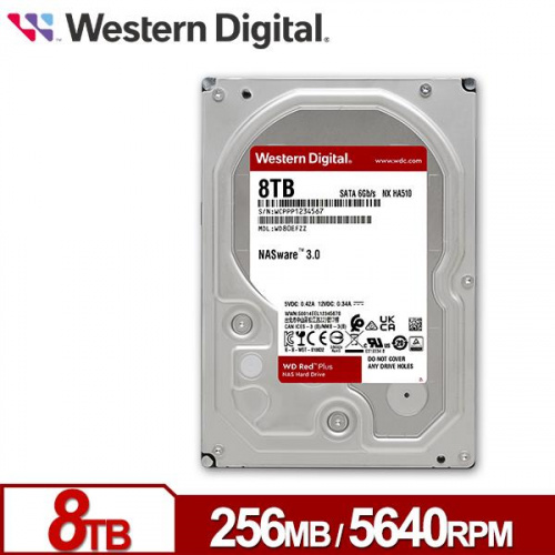 WD 紅標Plus 8TB NAS級 3.5吋 HDD硬碟 5640轉 三年保固 WD80EFPX